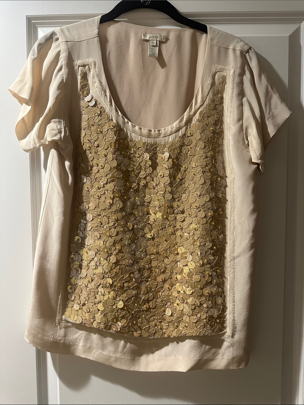 J. Crew Short-Sleeve Top with Tan/Gold Sequined Front